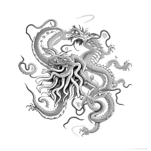 A medusa with dragon-inspired tentacles against a vibrant sunset sky tattoo design idea