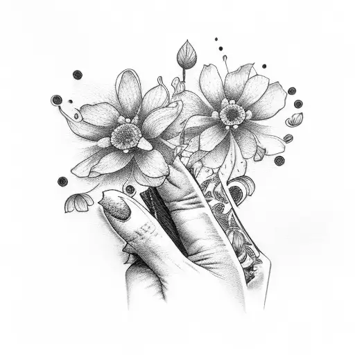 holding hands, pipe wrench, orange flowers tattoo design idea