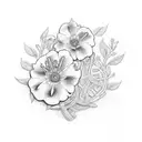 holding hands, pipe wrench, orange flowers tattoo design idea