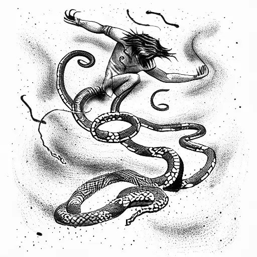 Australian teacher surfing through a halfpipe with medusa snakes all around him  tattoo design idea