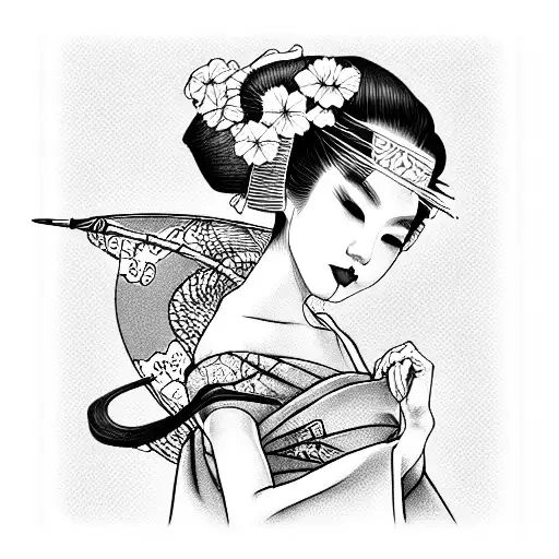 Japanese geisha with dragon in realistic style with bold lines tattoo design idea