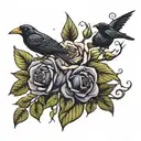 A deadly nightshade plant intertwined with roses and crows tattoo design idea
