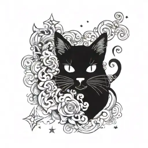A mystical black cat with intricate patterns on its fur, surrounded by swirling smoke and stars tattoo design idea