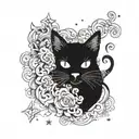 A mystical black cat with intricate patterns on its fur, surrounded by swirling smoke and stars tattoo design idea