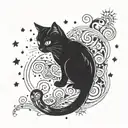 A mystical black cat with intricate patterns on its fur, surrounded by swirling smoke and stars tattoo design idea