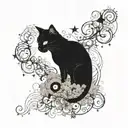 A mystical black cat with intricate patterns on its fur, surrounded by swirling smoke and stars tattoo design idea