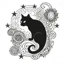 A mystical black cat with intricate patterns on its fur, surrounded by swirling smoke and stars tattoo design idea