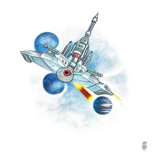 A spaceship epically flying to the stars in a way that represents overcoming obstacles and the Latin phrase Ad astra tattoo design idea