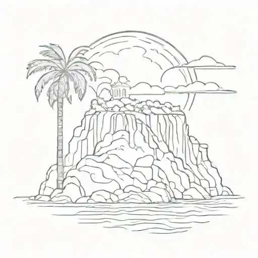 A tattoo incorporating the Albères' Mountain, the Cliff of Moher, the Giant Causeway, and the Californian palm trees tattoo design idea