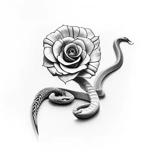 Snake wrapped around flaming dagger with fowers tattoo design idea