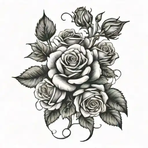 A black-grey tattoo of a rose bush with 12 different colored flowers, each symbolizing your children tattoo design idea
