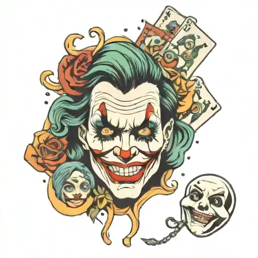 Joker card jangle mask with different emotions representing mental tattoo design idea