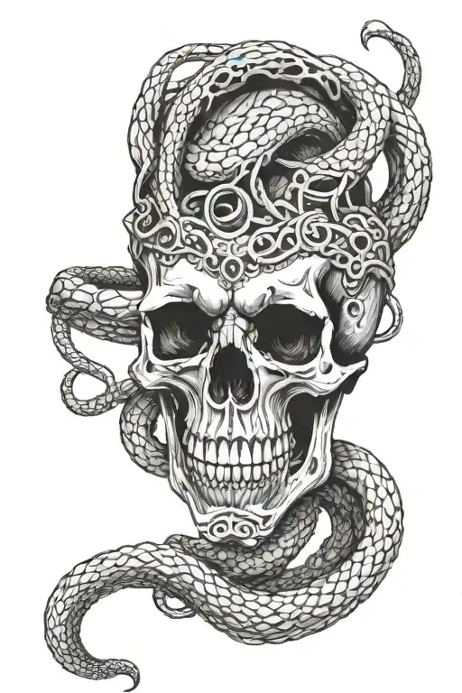 skull with snak wrapping around with coffin nails through snakes head tattoo design idea