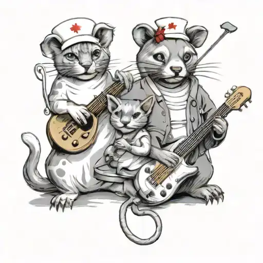 A family of animals wearing nurse uniforms playing musical instruments tattoo design idea