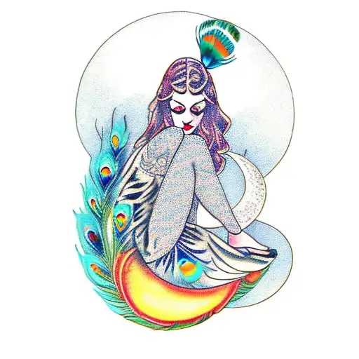 girl sitting with a peacock, while sitting on a crescent moon, peacock feathers dangling down tattoo design idea