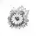 A sleeve tattoo featuring pumpkins and flowers in a whimsical and dreamy style tattoo design idea