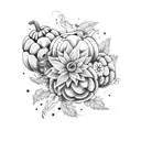 A sleeve tattoo featuring pumpkins and flowers in a whimsical and dreamy style tattoo design idea