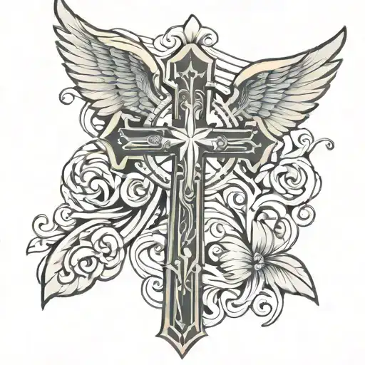 male christian cross with angel on hand tattoo design idea