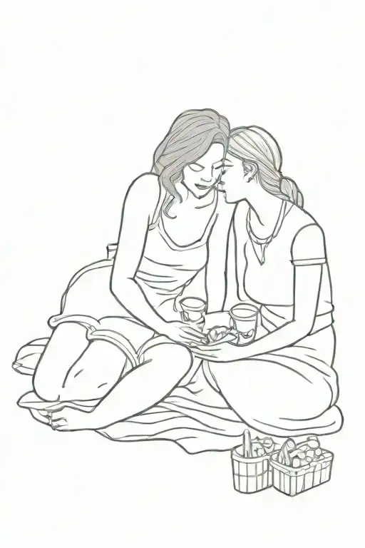 two women in love, on a picnic. they are cuddling on the picnic blanket. tattoo design idea