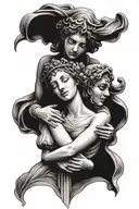 two ladies holding each other (they are in love) in the style of a sculpture made in the roman empire tattoo design idea