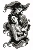 two ladies holding each other (they are in love) in the style of a sculpture made in the roman empire tattoo design idea