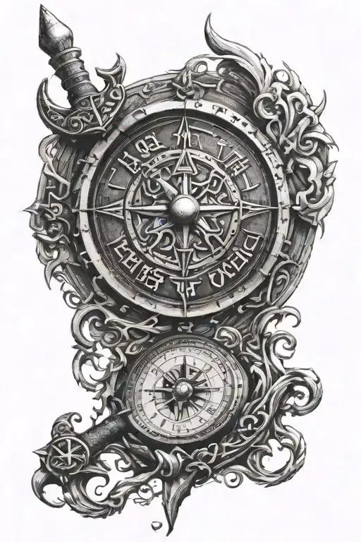 viking compass with old viking warrior and thors hammer tattoo design idea