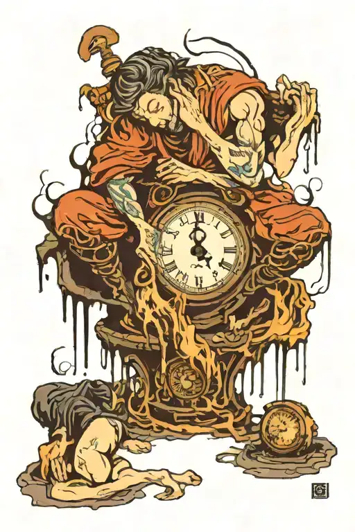 melted clock and kneeling person lamenting tattoo design idea