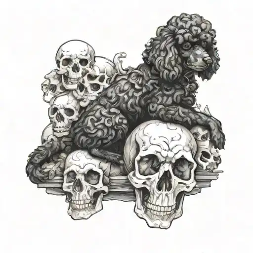 a small black poodle resting on skulls tattoo design idea