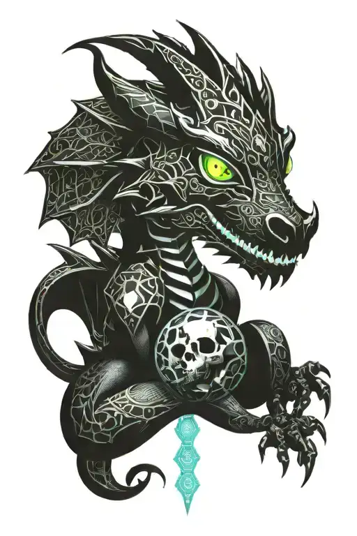 cute black baby dragon holding a skull  with small fire on his tail and mouth   tattoo design idea