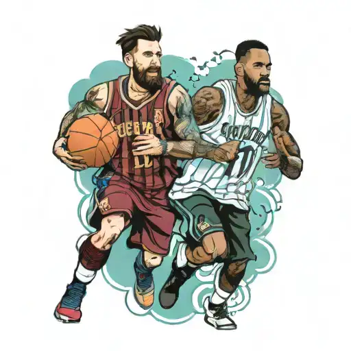 realistic style with messi and lebron james dunking tattoo design idea