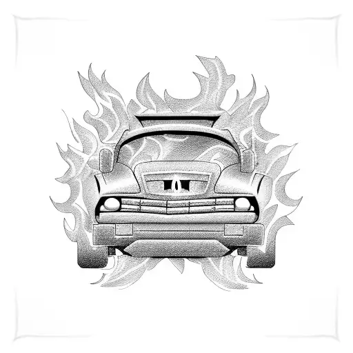 A tractor engulfed in flames with a video game controller integrated into the design tattoo design idea