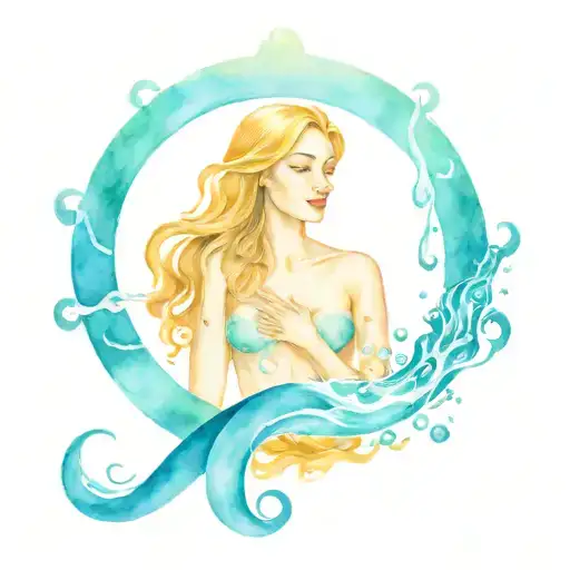 Aquarius goddess with water all around her, Aquarius symbol  tattoo design idea