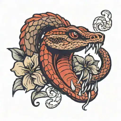 A large red and brown cobra with an open mouth and flowers tattoo design idea