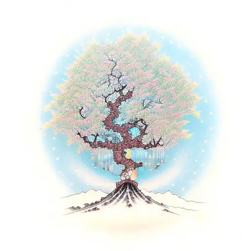 tree standing upside down with gemstones on as its flowers tattoo design idea