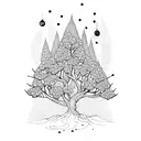 tree standing upside down with gemstones on as its flowers tattoo design idea
