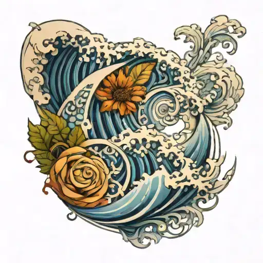 fibonacci with waves and paintings tattoo design idea