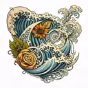 fibonacci with waves and paintings tattoo design idea