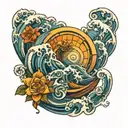 fibonacci with waves and paintings tattoo design idea
