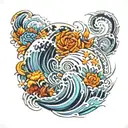 fibonacci with waves and paintings tattoo design idea