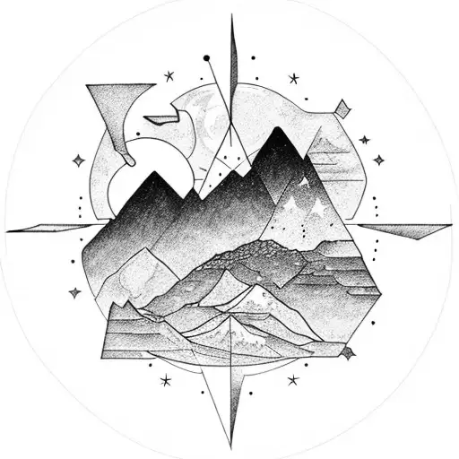 hiking in the mountains with compass in the dusk with moon and stars tattoo design idea