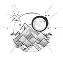 hiking in the mountains with compass in the dusk with moon and stars tattoo design idea