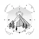 hiking in the mountains with compass in the dusk with moon and stars tattoo design idea