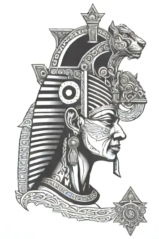 A masculine pharaoh in egypt  with alchemical symbols representing inner strength and transformation tattoo design idea