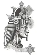 A masculine pharaoh in egypt  with alchemical symbols representing inner strength and transformation tattoo design idea