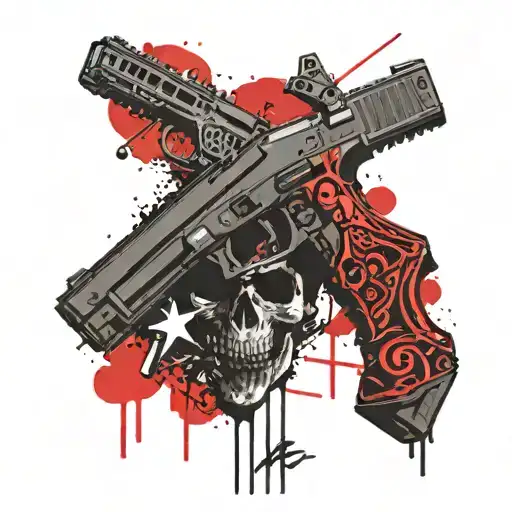 all black tat: Glock-18 with 5 Skull icons with bullet hole in middle forehead, an ace  tattoo design idea