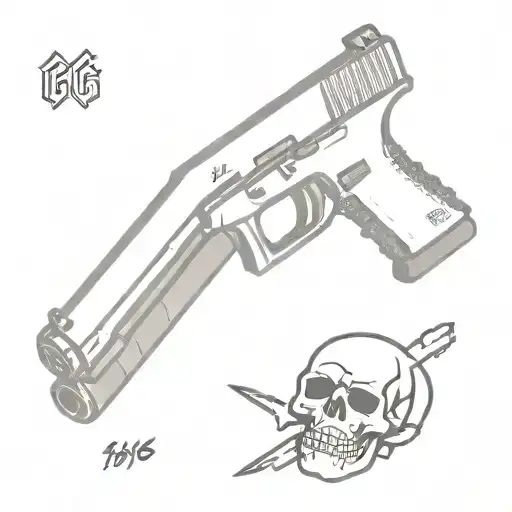 Glock-18 with 5 Skulls either above or sorounded and the skulls are like the video game csgo headshot icon, black tattoo design idea
