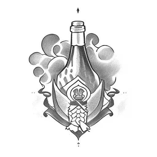 wine bottle half full with a dagger and circus motifs  tattoo design idea