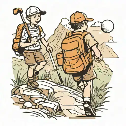 Two boys hiking up a mountain trail, with a golf ball rolling down the path tattoo design idea