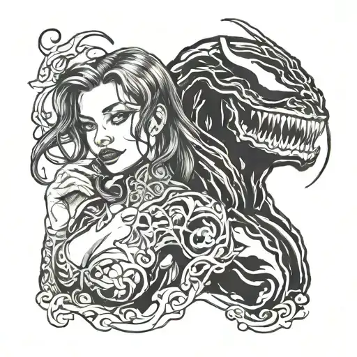venom and brunette girl tattoo design idea