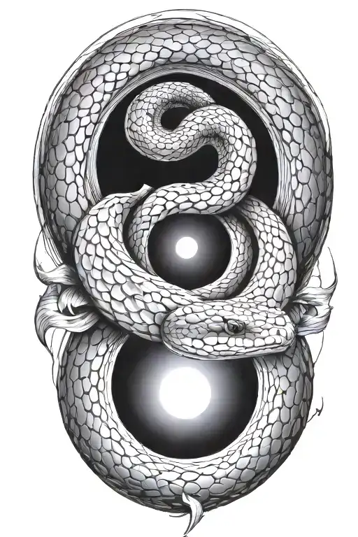 bird's eye view of snake emerging from a black hole, with angelic light coming out of head tattoo design idea